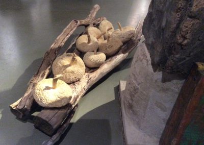 Plusieurs pommes en pierres posé sur des vieux bois