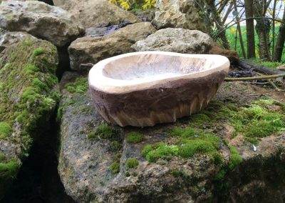 Coupe en bois sur une vielle pierre pleine de mousse vert