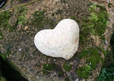 Coeur en pierre de couleur clair sur une vielle pierre remplis de mousse vert